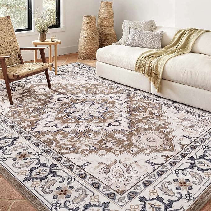 Lofus 5x7 Area Rugs for Living Room, Washable Area Rug, Rugs for Bedroom, Kitchen, Vintage Boho Carpet, Soft Non-Slip, Low Pile Large Area Rug for Office Dining Room, Floral Brown