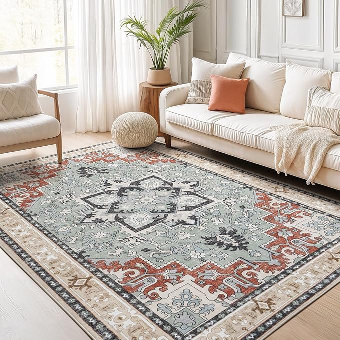 Lofus 5x7 Area Rugs for Living Room, Washable Area Rug, Rugs for Bedroom, Kitchen, Vintage Boho Carpet, Soft Non-Slip, Low Pile Large Area Rug for Office Dining Room, Floral Brown